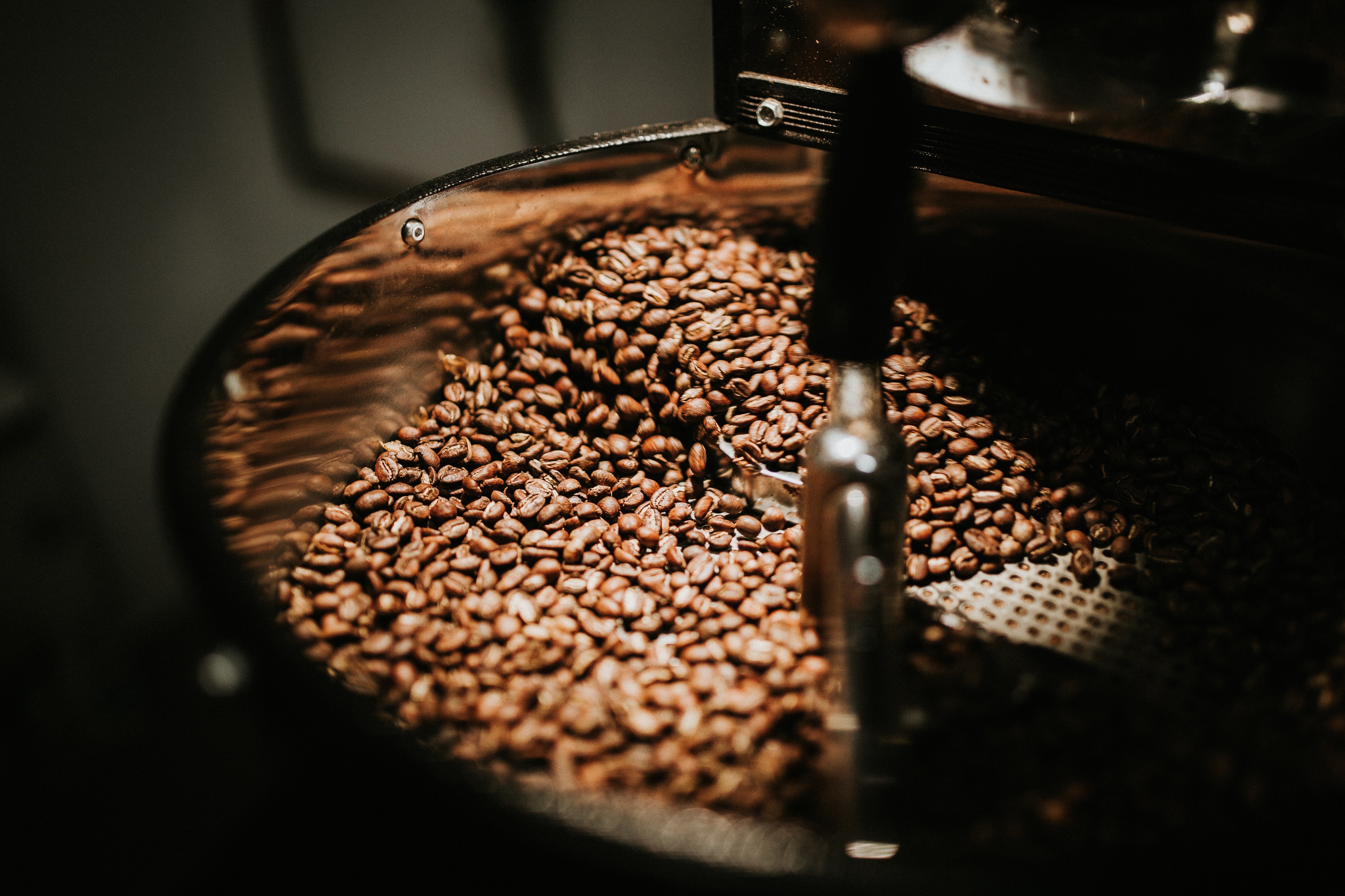 Close-up of roasted coffee beans being stirred by an agitator inside a drum roaster