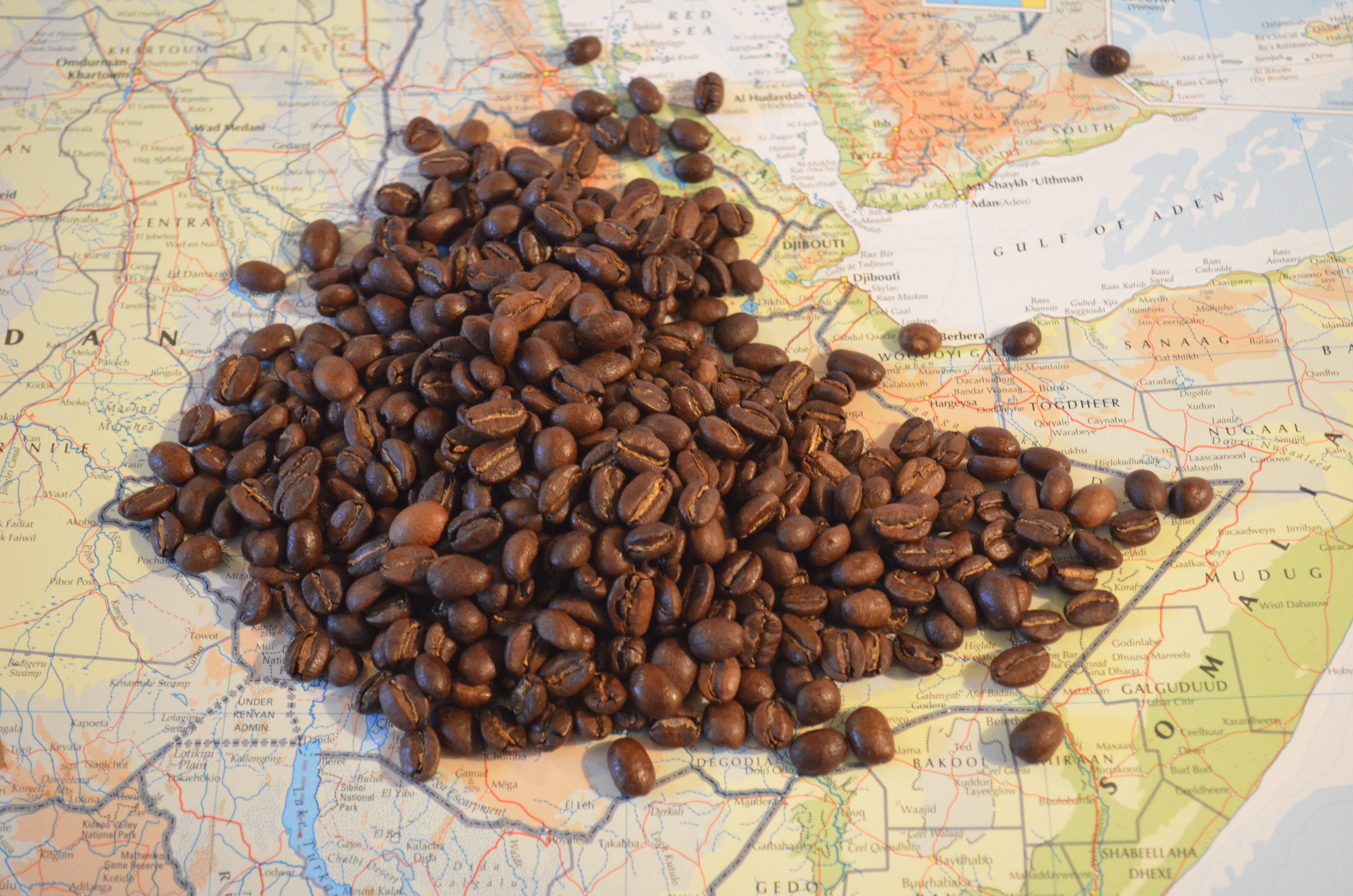 Pile of roasted coffee beans scattered on a world map over East Africa