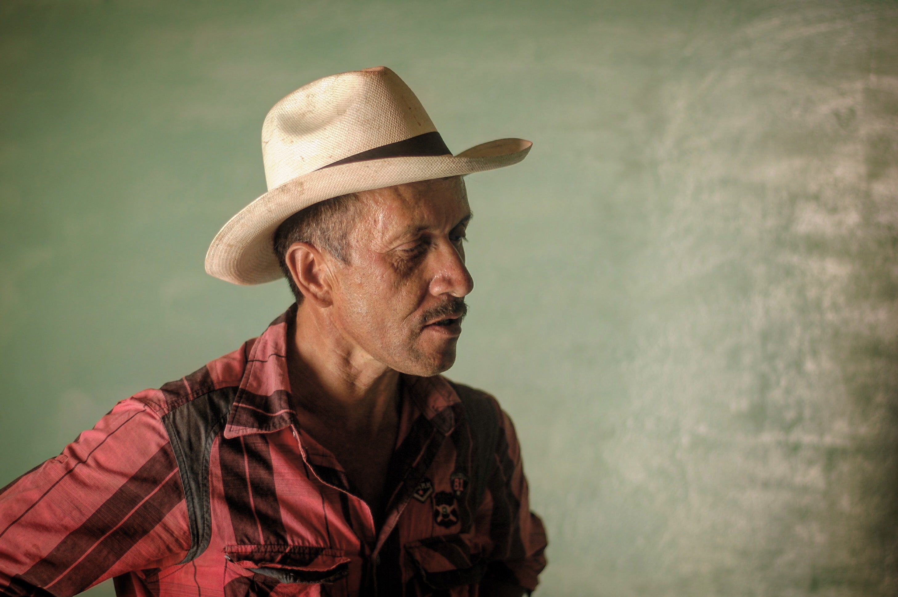 Man in a straw hat and red plaid shirt looking to the right against a pale green plaster wall