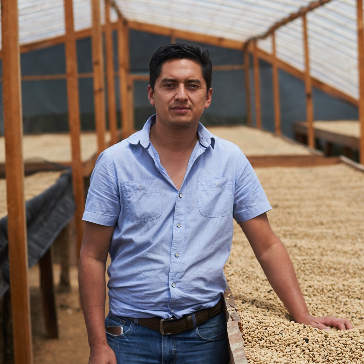 Partners Coffee Honduras - San Francisco blog post. This image depicts producer Roger Domínguez processing coffee beans from his farm in Honduras
