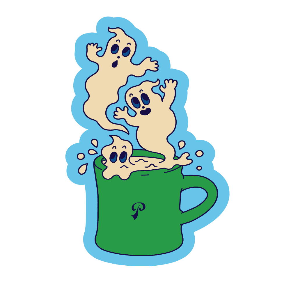 Cartoon ghost peeking out of a green coffee mug