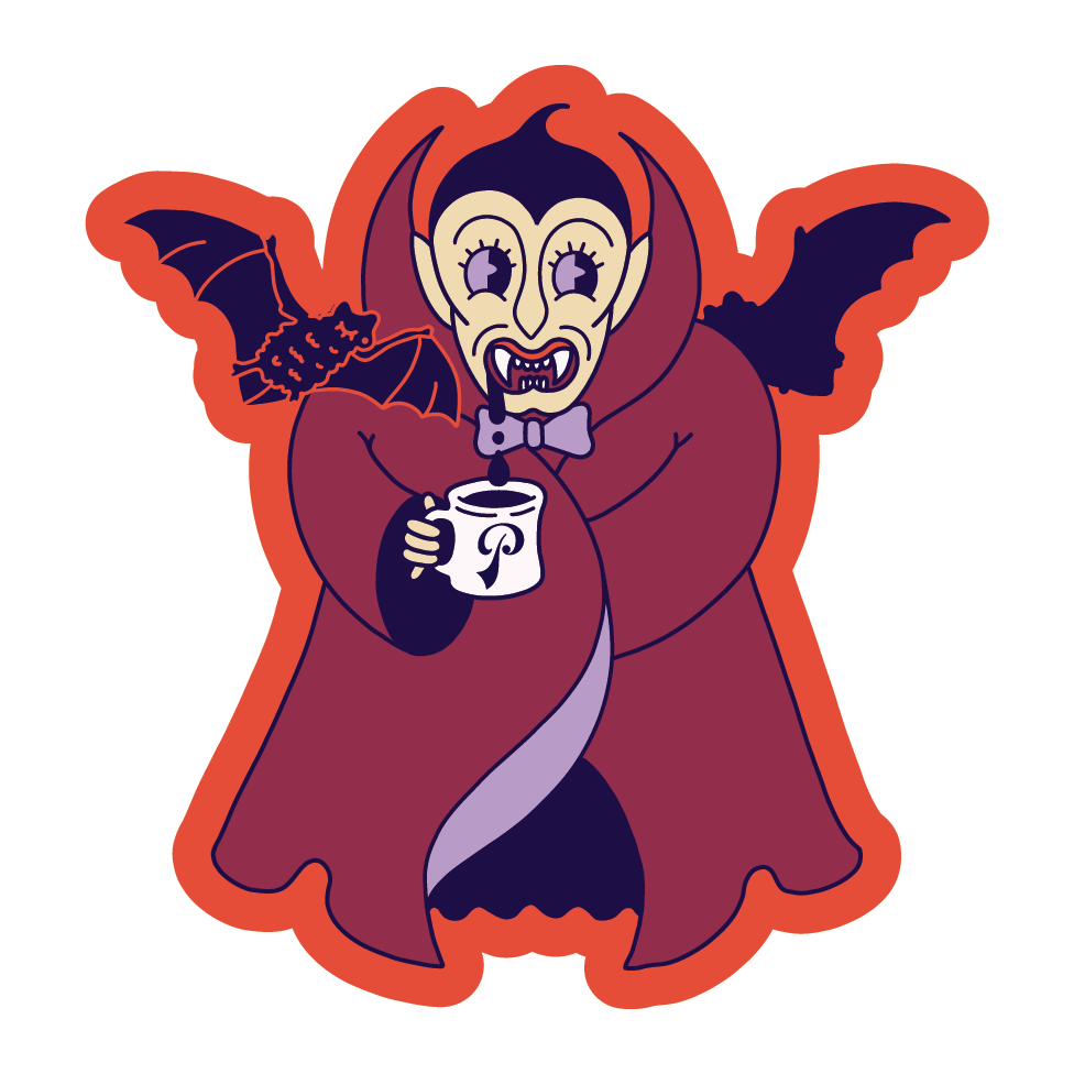Count Coffula mascot in a purple vampire costume holding a coffee cup