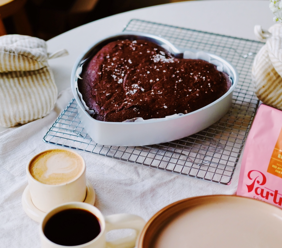 Partners Coffee Dark Chocolate Espresso Brownies recipe. This image depicts a heart-shaped brownie pan crafted with Partners Coffee espresso in collaboration with Campbell and Co.