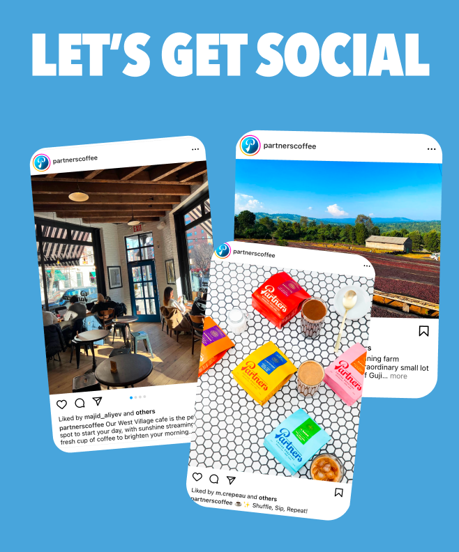 Partners Coffee Meet The Crew - Madi H. blog post. This image features screenshots from different social media platforms for Partners Coffee's profile.