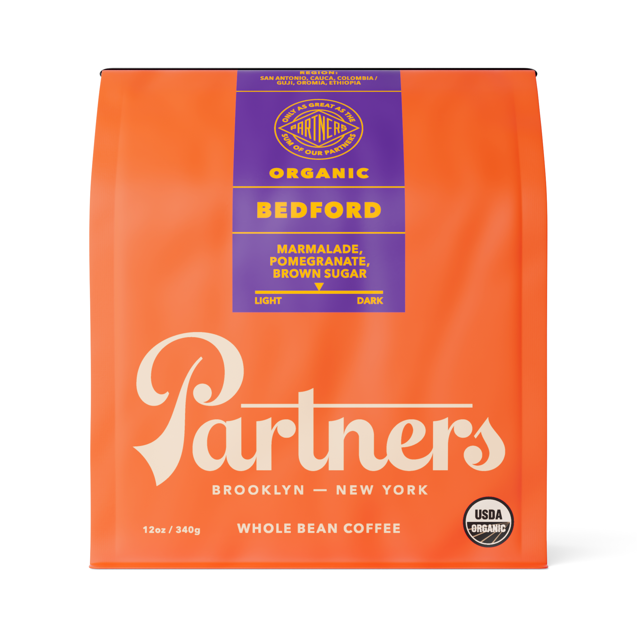 Front view of Bedford coffee bag showcasing USDA Organic certification and notes of marmalade, pomegranate, and brown sugar