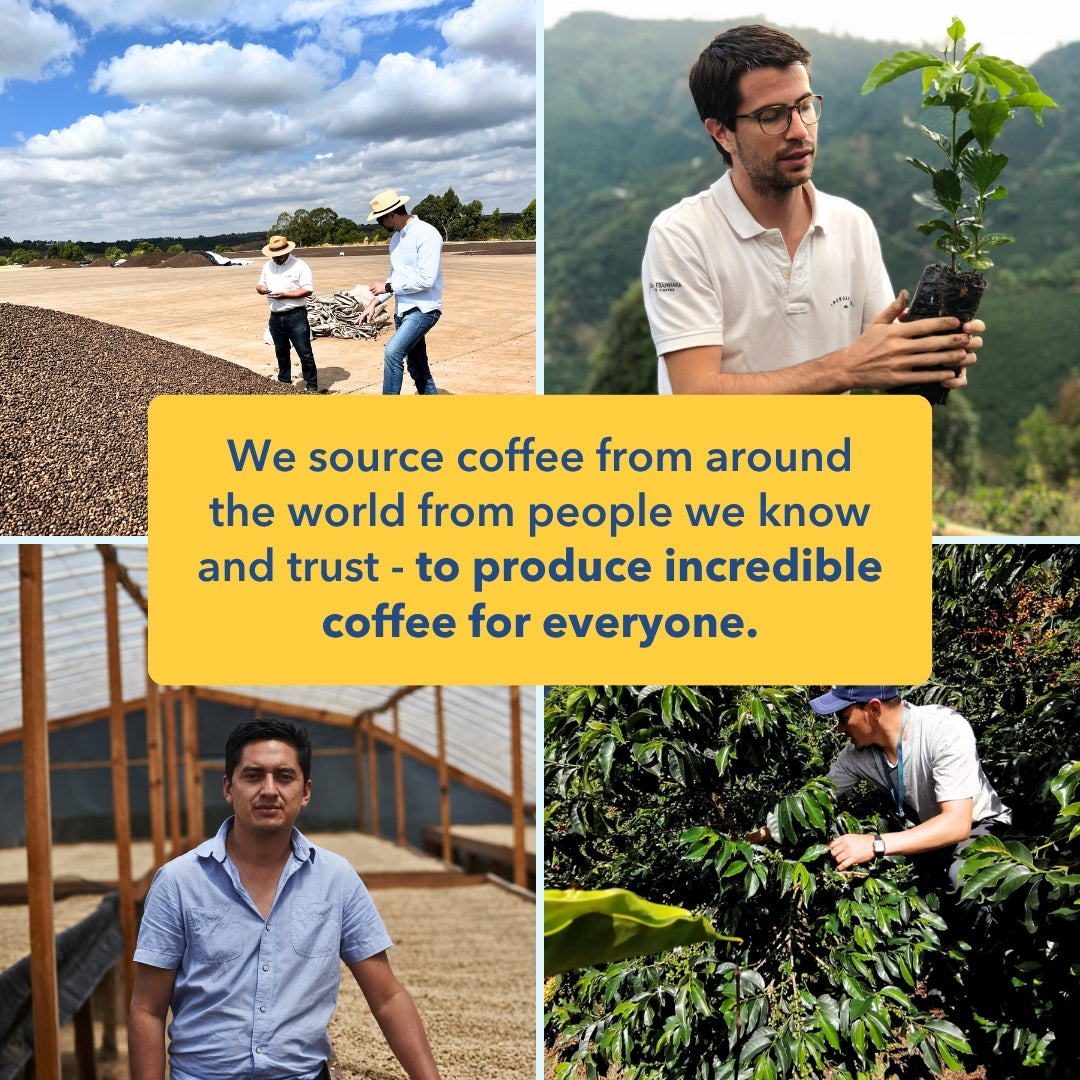 Collage showing headline ‘We source coffee from around the world’ over photos of coffee farmers and drying beans