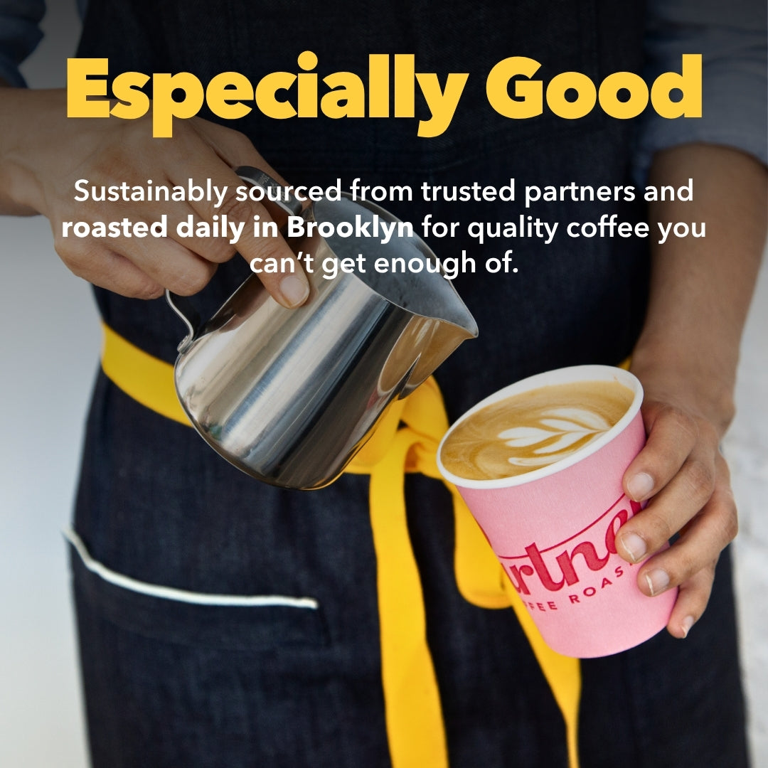 Barista pouring steamed milk into a pink Partners cup with latte art, overlaid headline ‘Especially Good’