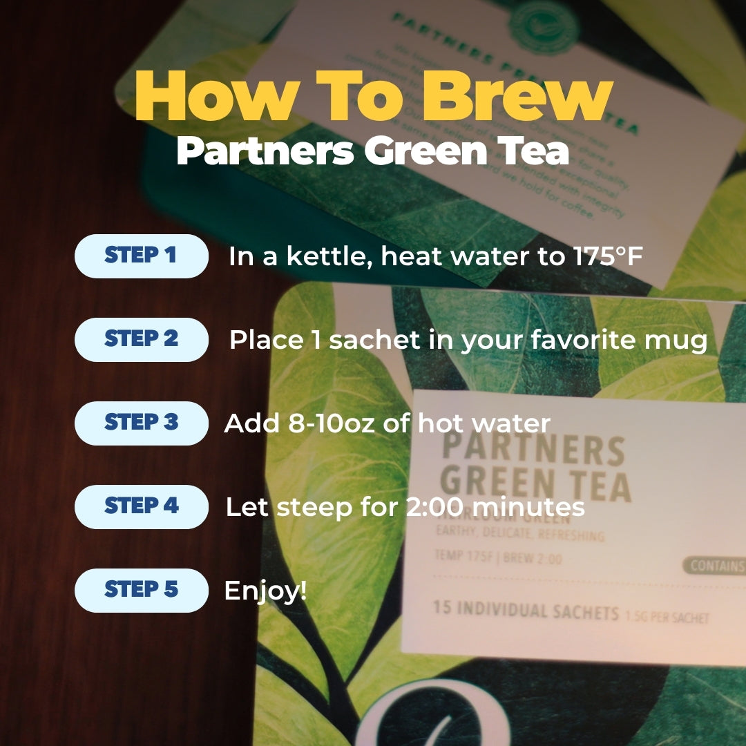 How to brew Partners Green Tea: heat water to 175 degrees, steep one sachet in 8 to 10 ounces for 2 minutes